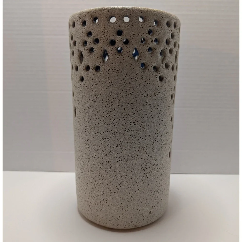 Anthropologie Ceramic Perforated Vase Lantern Candle‎ Holder Blue Cream Glaze